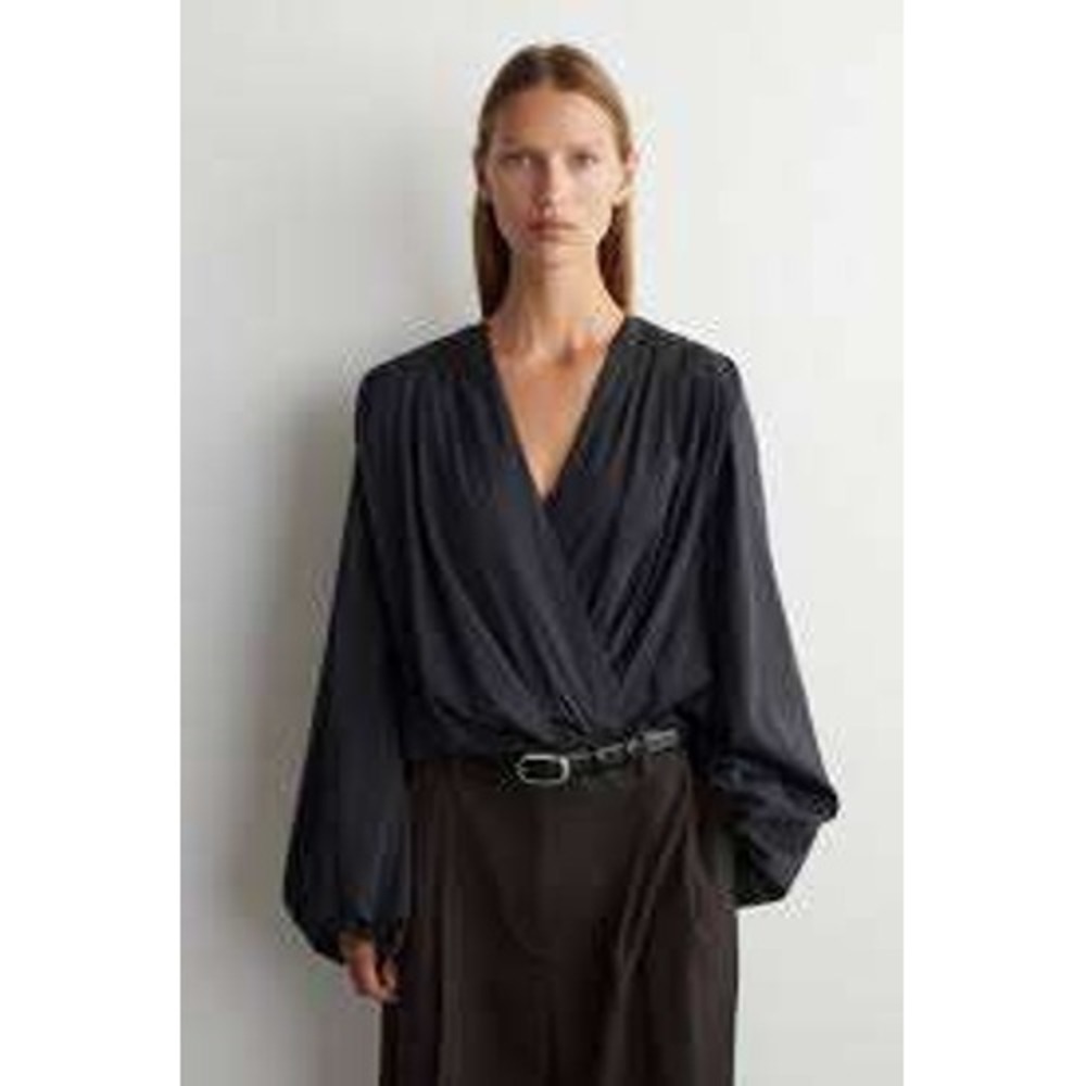 COS Women Dark Gray Lyocell Blend Gathered Wrapover Blouse Balloon sleeve Scandi
